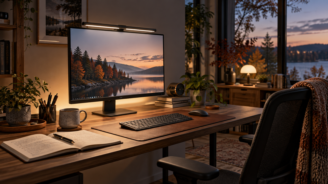 Home office after dark with balanced monitor lighting and focused desk illumination