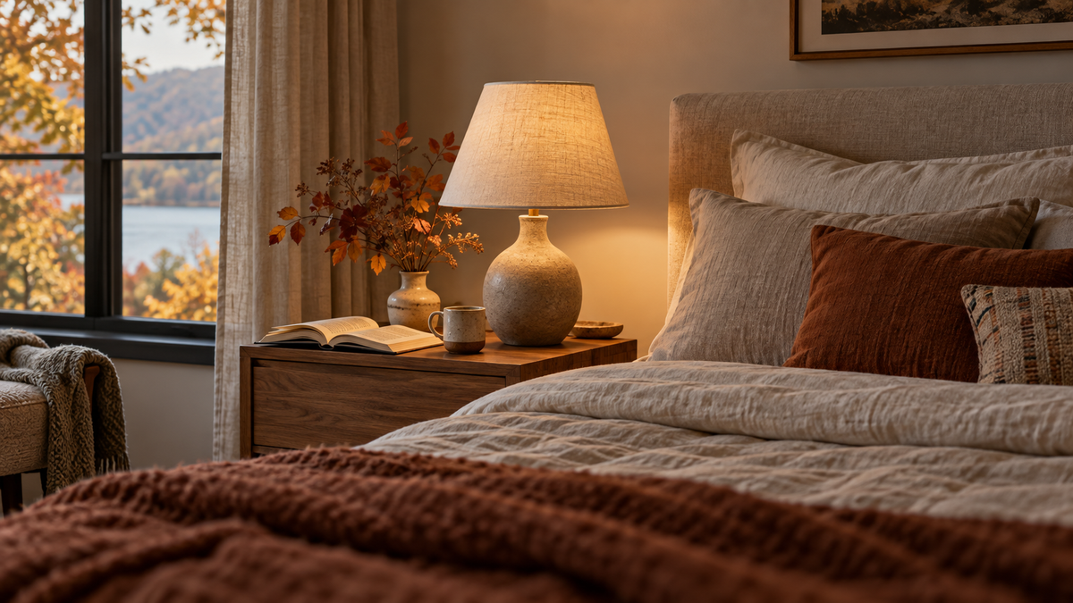 Bedside reading area with a focused lamp that leaves the rest of the room softly lit