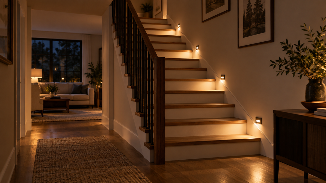 Motion-sensor stair lights illuminating a safe nighttime path