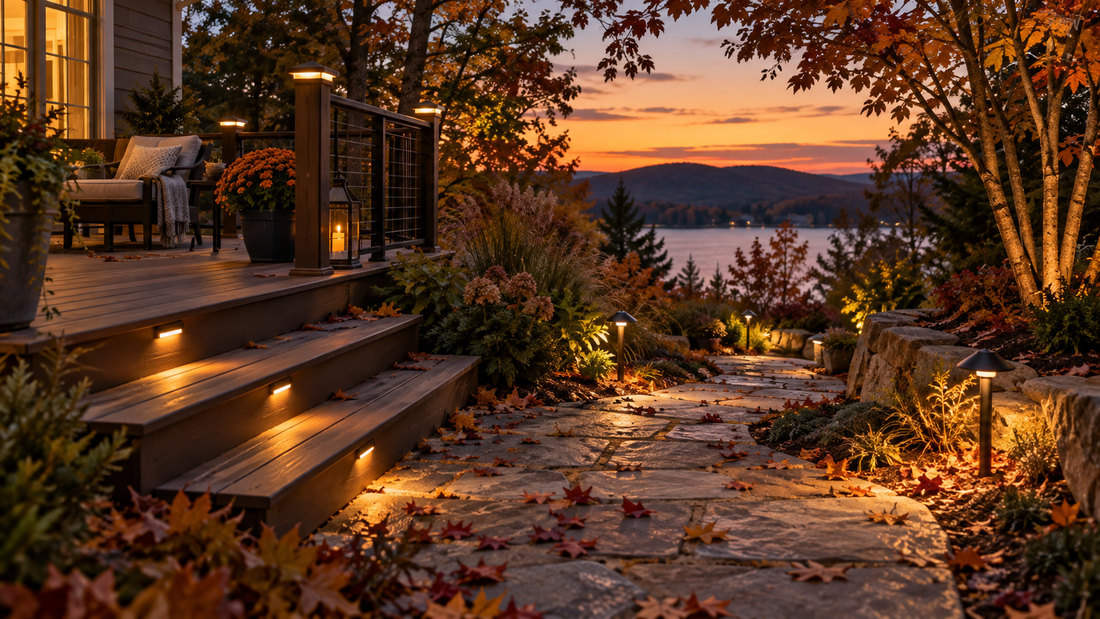 Autumn deck and garden path lit with low-glare outdoor lighting