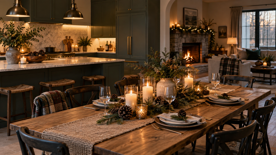 Warm layered home lighting prepared for holiday gatherings without excess décor