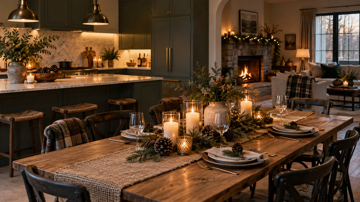 Warm layered home lighting prepared for holiday gatherings without excess décor