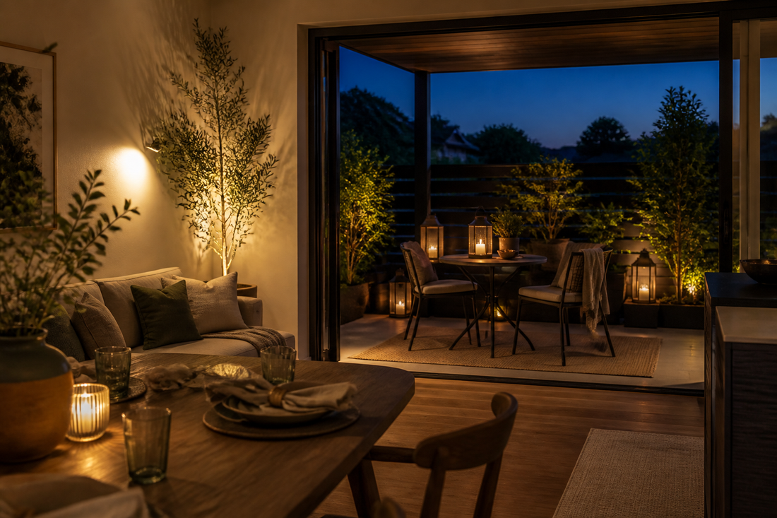 Indoor and patio evening scene with ambient, accent, and decorative lighting