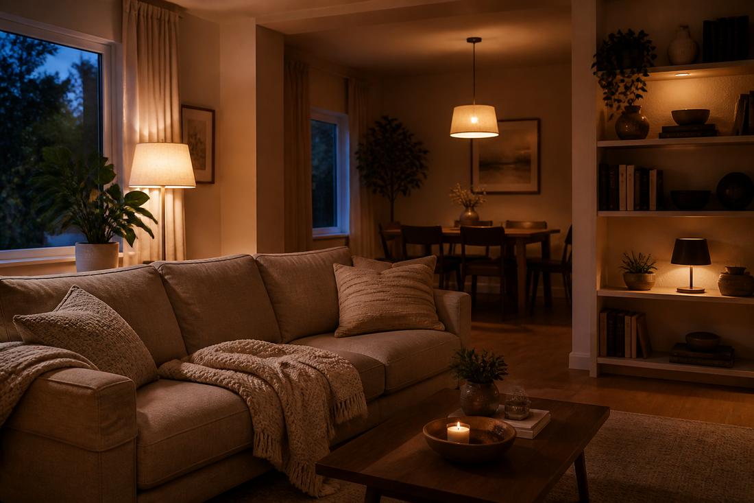 Warm living room at dusk with layered ambient, task, and accent lighting