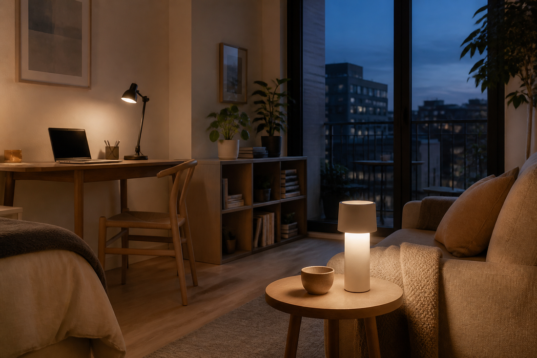 Compact apartment at dusk transformed by a glowing portable table lamp