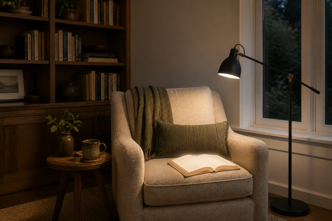 Comfortable reading chair and open book illuminated by an adjustable floor lamp