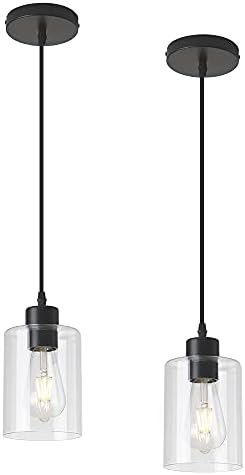Modern Clear Glass Cylinder Pendant Light, 2 Pack