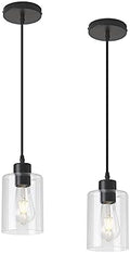 Modern Clear Glass Cylinder Pendant Light, 2 Pack