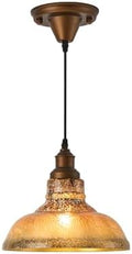 Retro Industrial Metal and Amber Glass Pendant Light