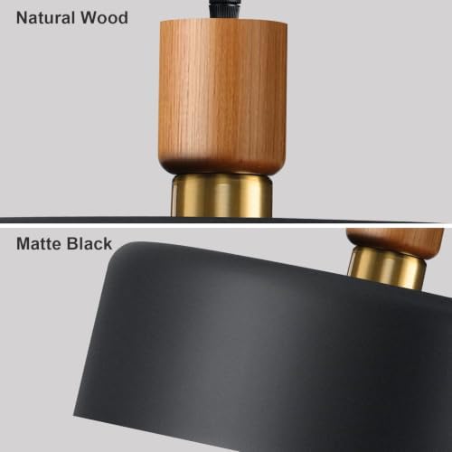 15.8" Black Pendant Light, Walnut Oak Wood and Brass