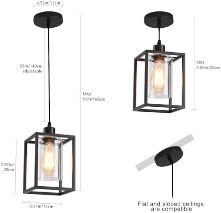 Black Industrial Pendant Light, Clear Glass Shade