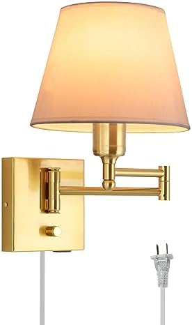 Gold Swing Arm Wall Lamp, White Fabric Shade