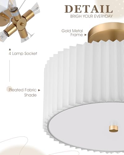 18" Gold Semi Flush Mount Ceiling Light, Pleated Fabric Shade