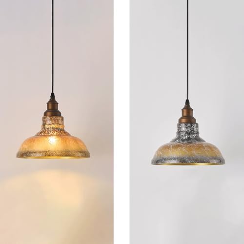 Retro Industrial Metal and Amber Glass Pendant Light