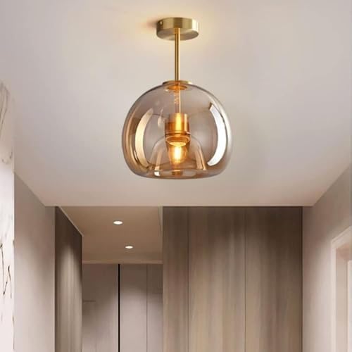 Modern Industrial E26 Flush Mount Ceiling Light, Amber Glass