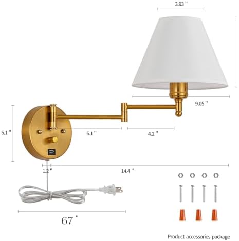 Swing Arm Plug-in Wall Sconce with White Fabric Shade, USB Port