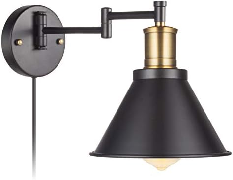 Plug-in Industrial Swing Arm Wall Sconce, Bronze and Black