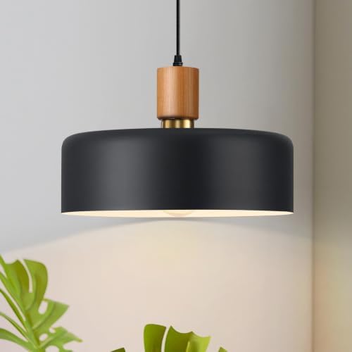 15.8" Black Pendant Light, Walnut Oak Wood and Brass