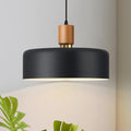 15.8" Black Pendant Light, Walnut Oak Wood and Brass