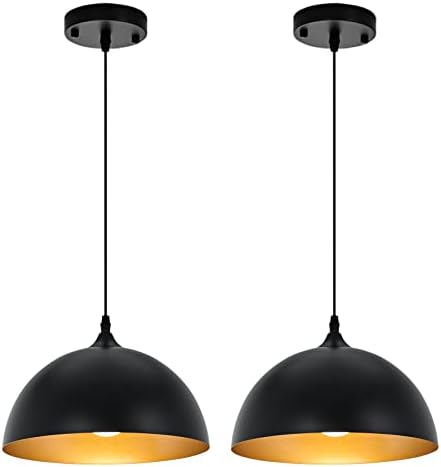 Farmhouse Dome Pendant Light, Black and Gold, 2-Pack