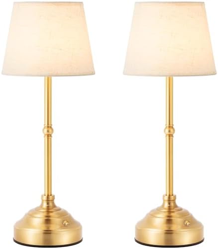 2 Pack Brushed Gold Cordless Table Lamps, 3 Colors