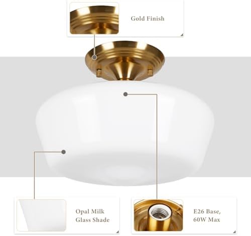 Schoolhouse Style 12" Gold Semi Flush Mount Ceiling Light