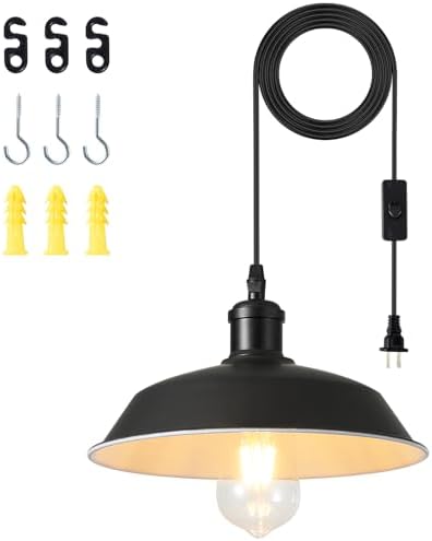 Plug in Pendant Light, 197” Cord, Black and White