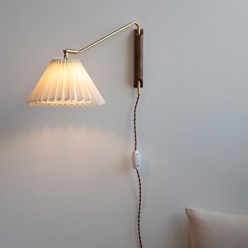 Swing Arm Plug-in Wall Sconce, Wood, Pleated Shade