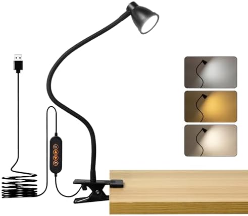 LED Clip-On Clamp Desk Lamp, 3 Color, Black