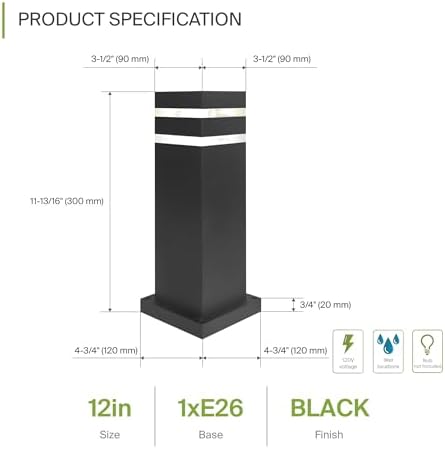 ASD 12" Square Outdoor Bollard Light, Black