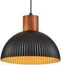 ELYONA 12" Ash Wood Pendant Light, Black Metal