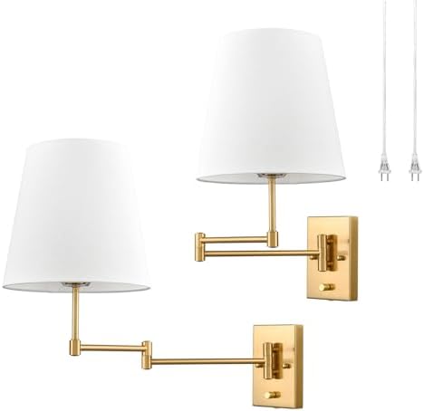 HYDELITE Gold Swing Arm Wall Lamp, Linen Shade