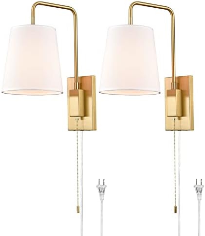 Plug-in Wall Sconces Set of Two Swing Arm with Gold Fabric Shade
