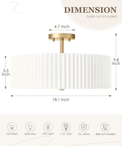 18" Gold Semi Flush Mount Ceiling Light, Pleated Fabric Shade