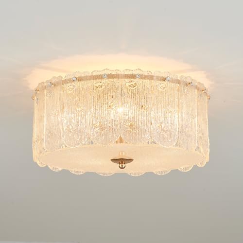 15” Textured Glass Semi Flush Mount Ceiling Light Classic Crystal Brass Chandelier Modern Luxury Ceiling Lighting Fixtures for Kitchen Bedroom - Field & Lumen Lighting