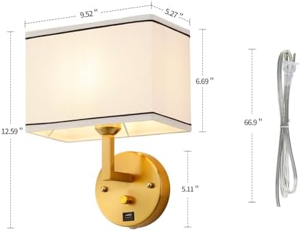 9.5" Plug-In Wall Sconce, Gold, USB Charging Port