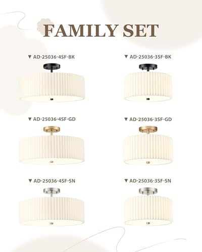 18" Gold Semi Flush Mount Ceiling Light, Pleated Fabric Shade