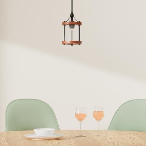 Farmhouse Pendant Light, Walnut Wood Metal Cage with Glass, 2-Pack