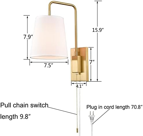 Plug-in Wall Sconces Set of Two Swing Arm with Gold Fabric Shade