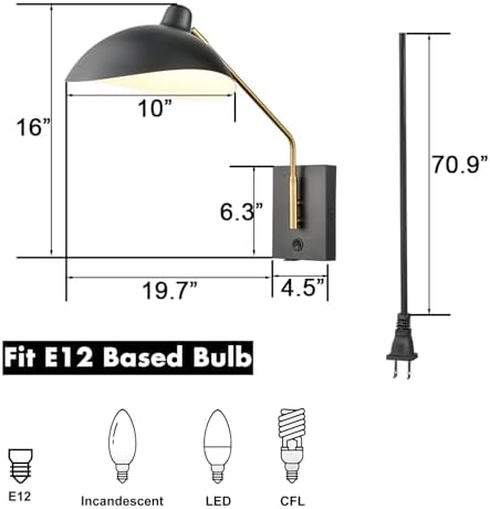 CLAXY Matte Black Plug-in Swing Arm Wall Sconces, Set of 2