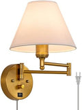 Swing Arm Plug-in Wall Sconce with White Fabric Shade, USB Port