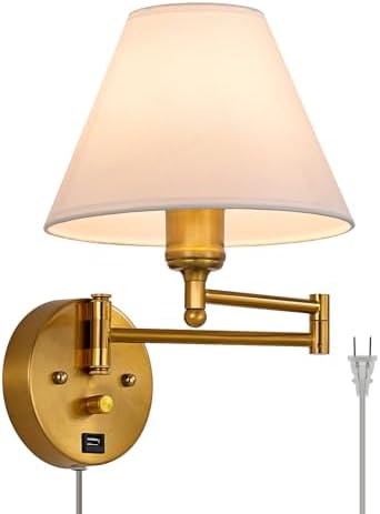Swing Arm Plug-in Wall Sconce with White Fabric Shade, USB Port