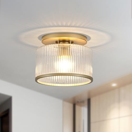 Zlepmlla Ribbed Glass Semi Flush Mount Ceiling Light, Gold