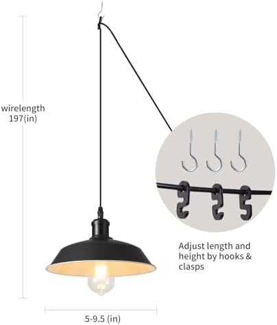 Plug in Pendant Light, 197” Cord, Black and White
