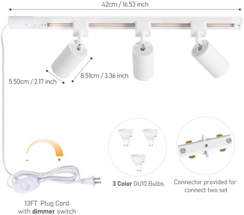 3-Color Dimmable Plug-In Track Lighting, 3-Light White