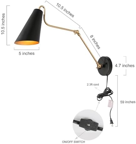 KSANA Modern Swing Arm Wall Lamp, Black and Gold
