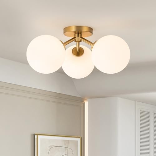 Gold Opal Globe Mid-Century Semi Flush Mount Ceiling Light