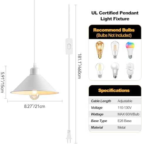 8.2IN 2 Pack White Plug-in Pendant Lights