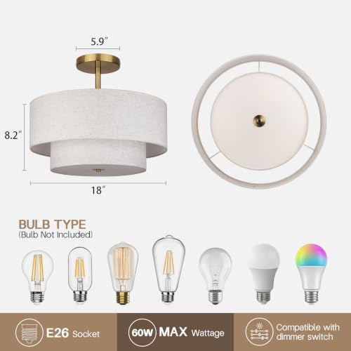 18 Inch Dual Drum Semi Flush Mount Ceiling Light, Gold