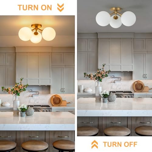 Gold Opal Globe Mid-Century Semi Flush Mount Ceiling Light